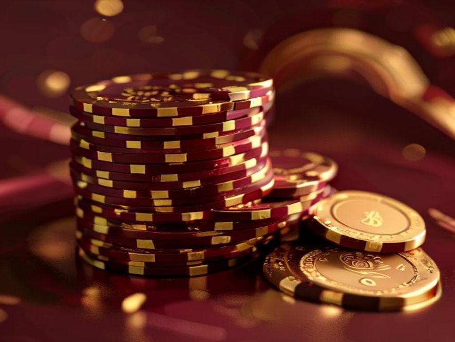 Stacked gold casino chips and bonus coupon ribbons on a deep wine surface